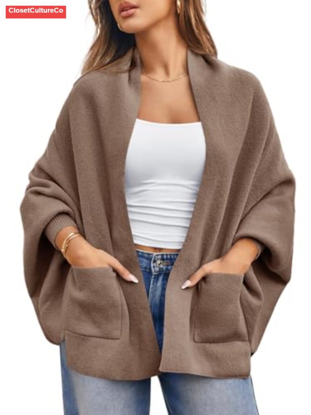 Open Front Batwing Long Sleeve Shawl Chunky Knit Poncho Sweater Cardigan